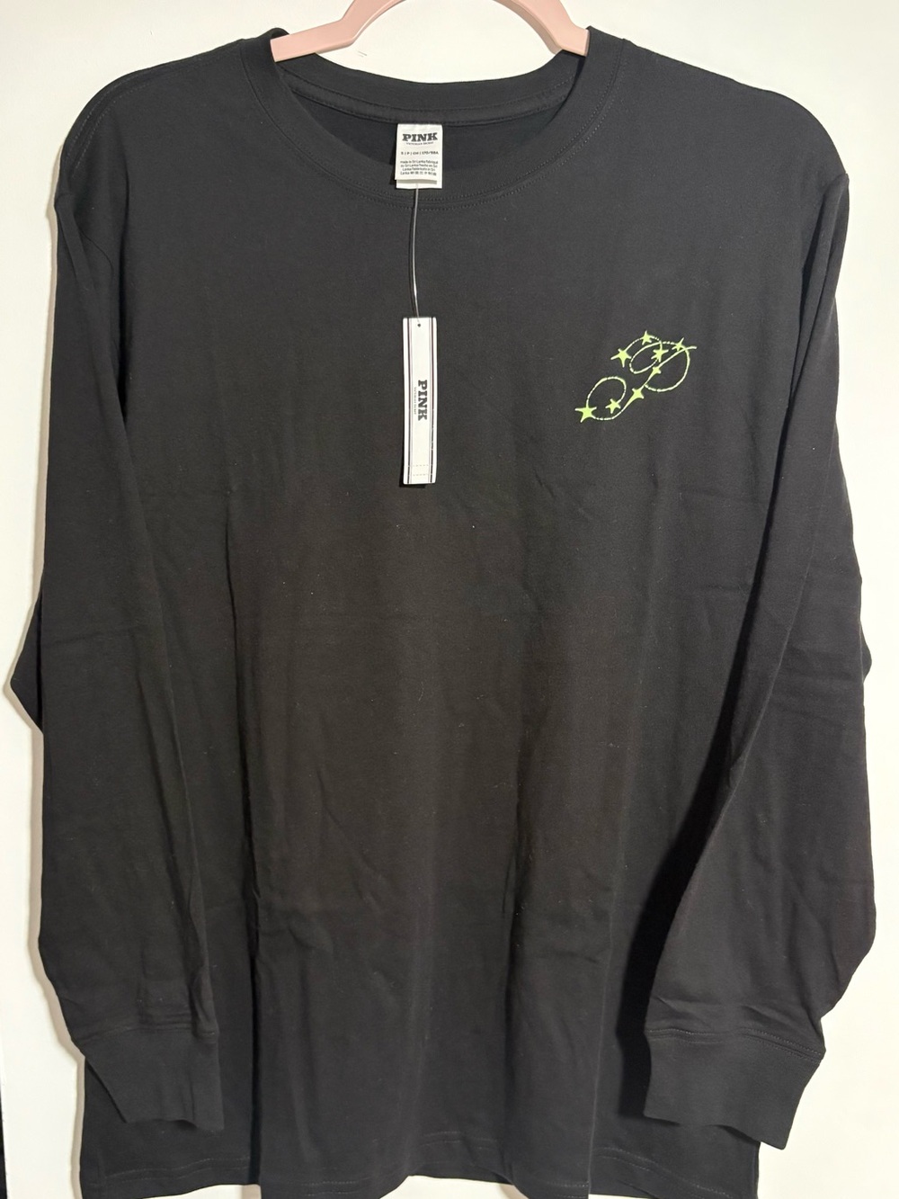 PINK Victoria's Secret Black Long-Sleeve Tee with Neon Green Star Design